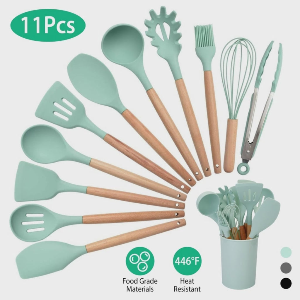 11-Piece Silicone Cooking Utensil Set with Wooden Handles